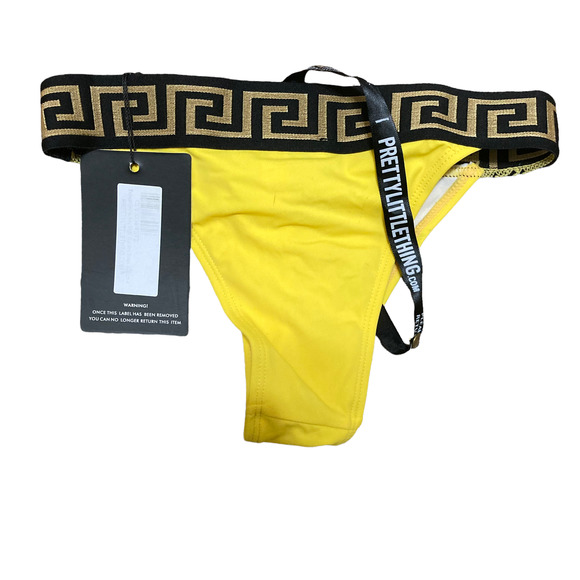 PrettyLittleThing Yellow Greek Key Low Scoop Bikini Top Cheeky Bottoms Size US 0 - Picture 3 of 15